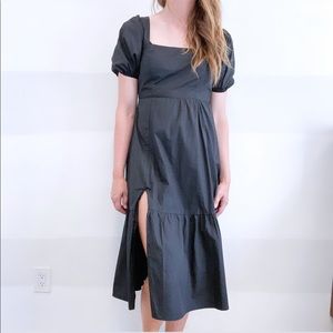 ASTR Poplin Black Tiered Side Slit Smocked Puff Sleeve Midi Dress Sz S